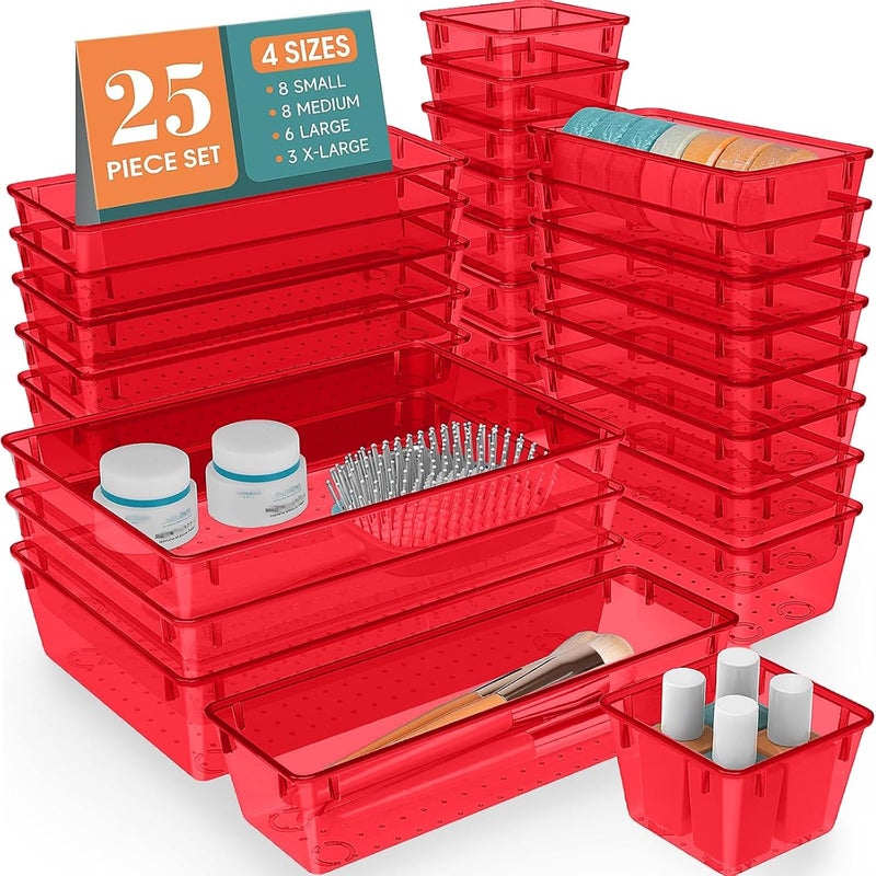 WOWBOX 25 PCS Plastic Drawer Organizer Set, 4 Sizes Desk Drawer Divider Organizers and Storage Bins for Makeup, Jewelry, Gadgets for Kitchen, Bedroom, Bathroom, Office, Clear Red - Image 1
